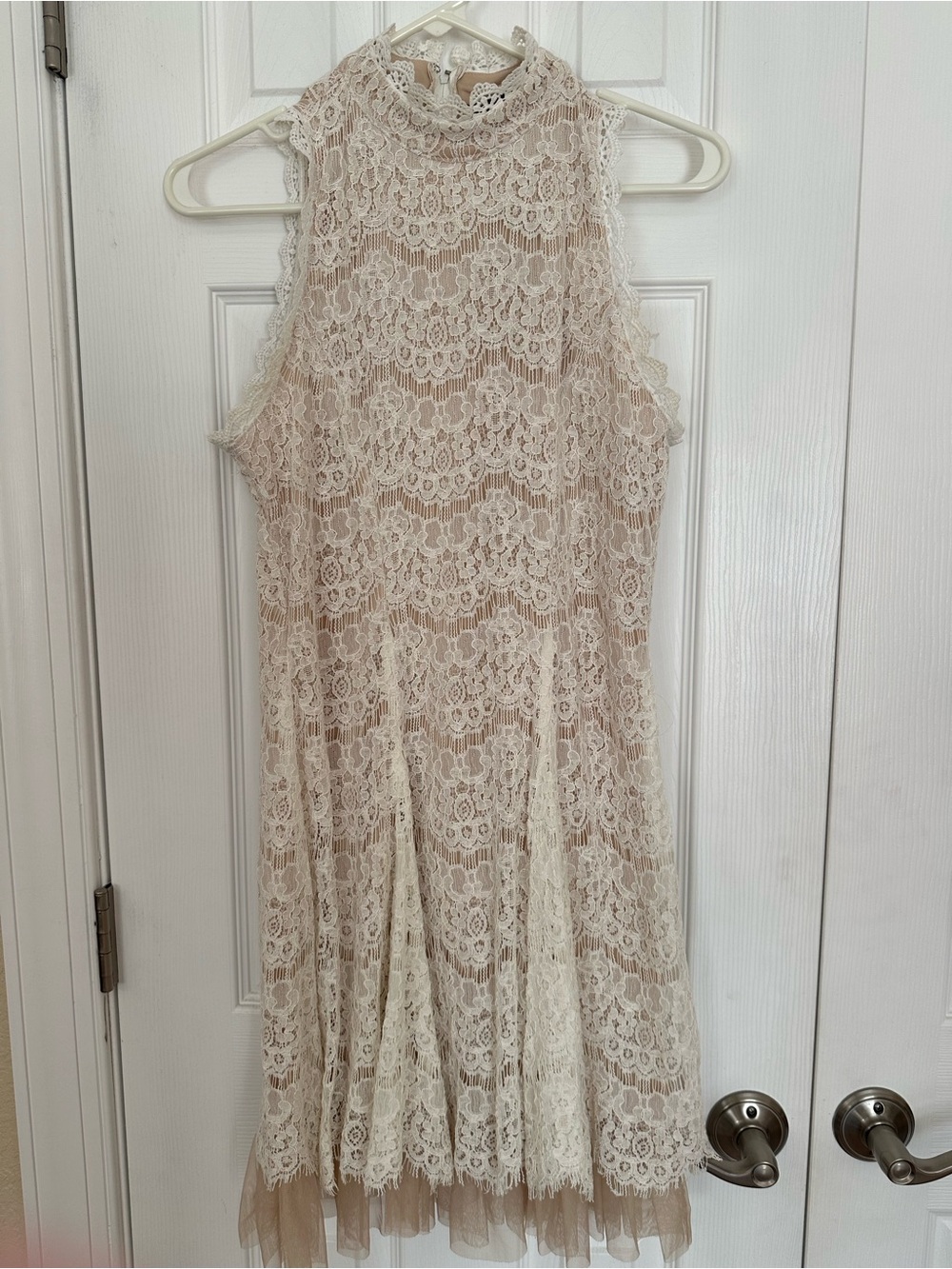 High-Neck Lace Midi Dress in Cream